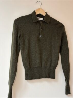 Buck Mason Dark Olive Polo-Collar Knit Sweater virgin wool and cashmere